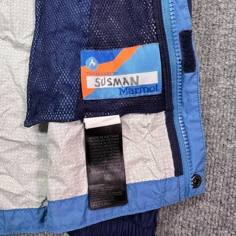 Marmot Jacket Kids XS Blue Colorblock Hooded Rain Coat Nylon Shell Lightweight